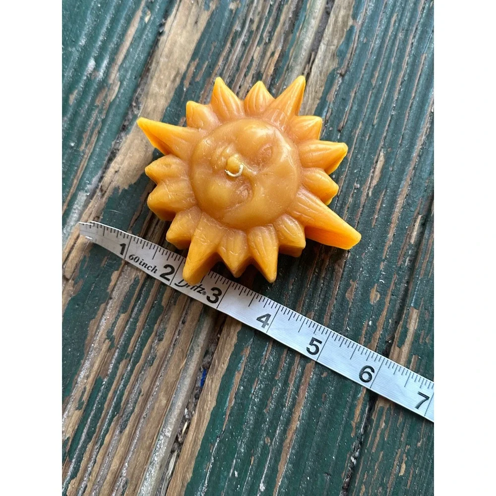 Vintage Celestial Sun Face Beeswax Candle Orange Molded Wax Boho Decor A3219